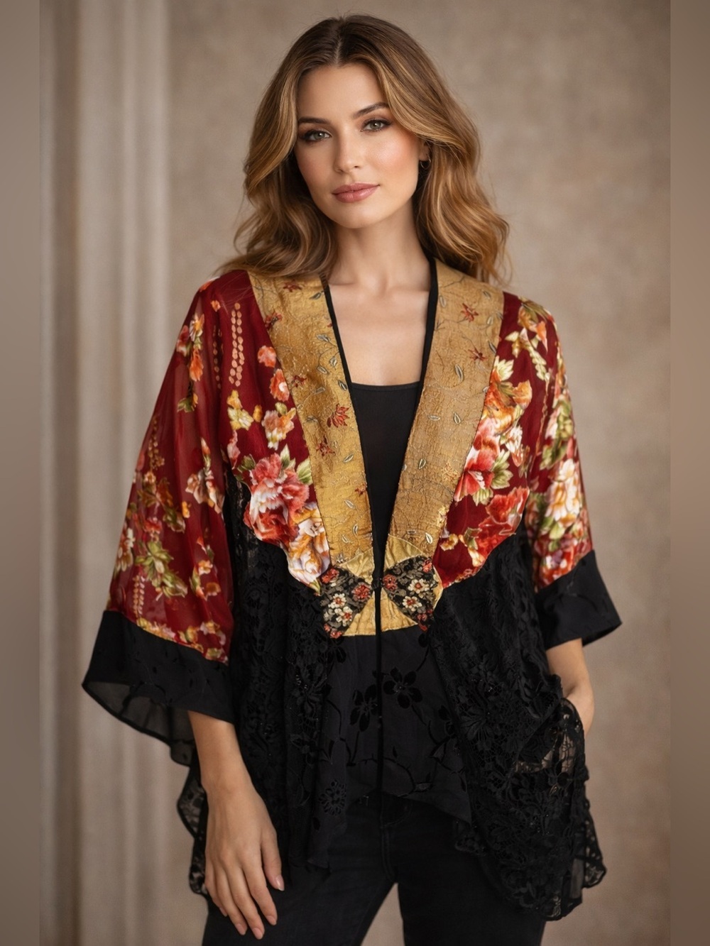 Vintage Spencer Alexis Sz M Patchwork Kimono Jacket Floral Embroidered Boho Art